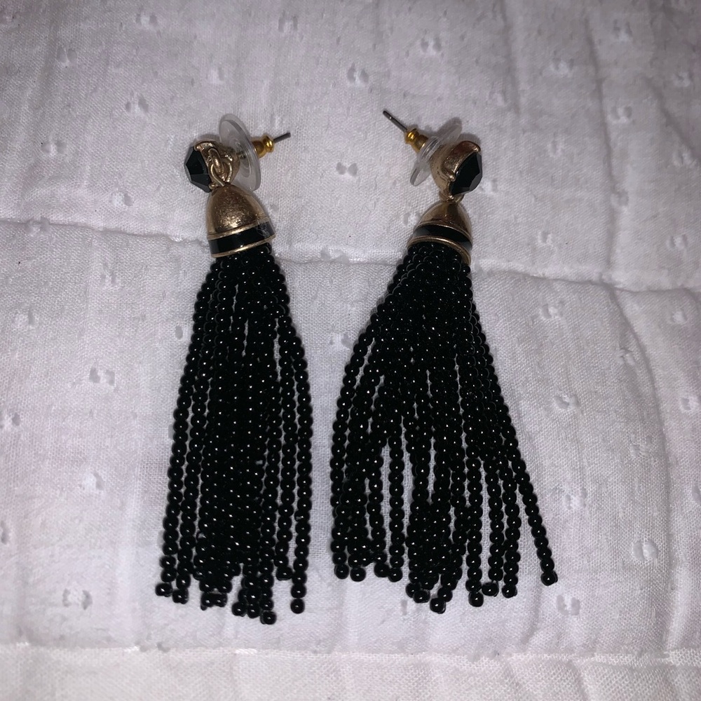 black and gold j crew tassel earrings